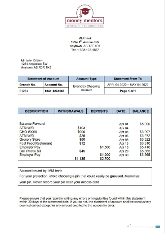 Download Canada MM bank statement word